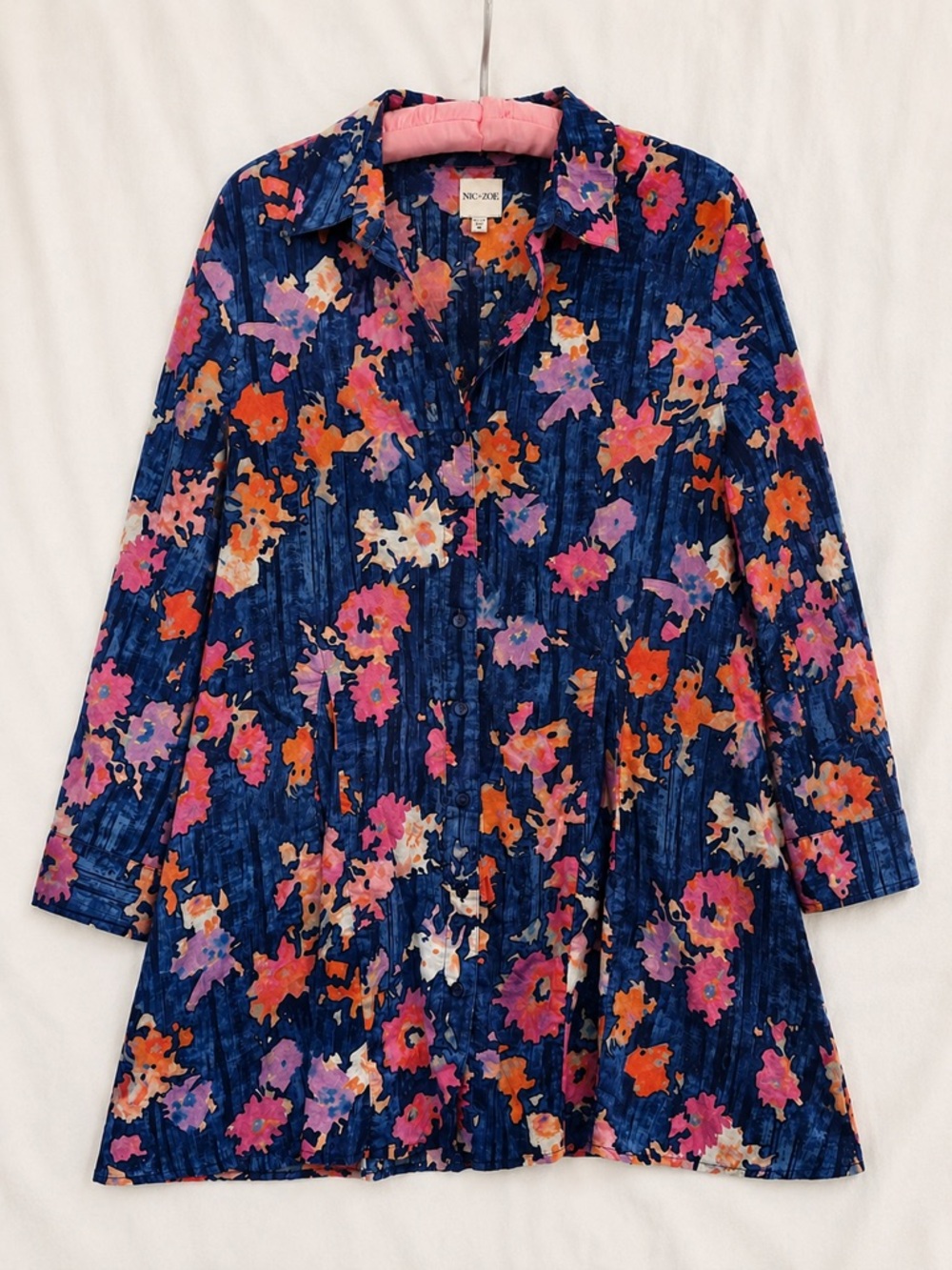 NIC+ZOE Cotton Floral Tunic Blouse Medium Blue Pink Watercolor Print Top